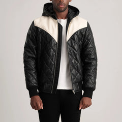 Norman Hooded Bomber Leather Puffer Jacket In Black
