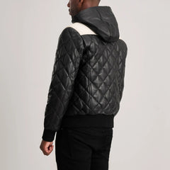 Norman Hooded Bomber Leather Puffer Jacket In Black