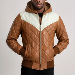 Norman Hooded Bomber Leather Puffer Jacket In Tan