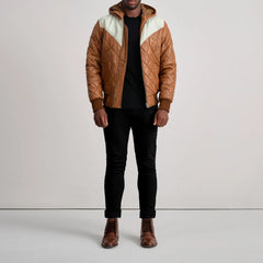Norman Hooded Bomber Leather Puffer Jacket In Tan