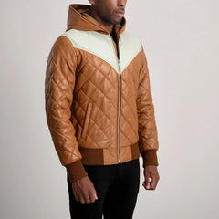 Norman Hooded Bomber Leather Puffer Jacket In Tan