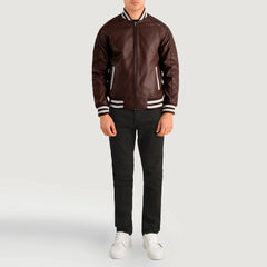 Pascal Leather Varsity Jacket In Maroon