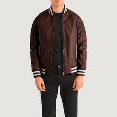 Pascal Leather Varsity Jacket In Maroon