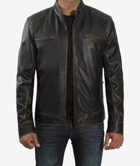 Men's Tall Distressed Brown Leather Jacket in Biker Style