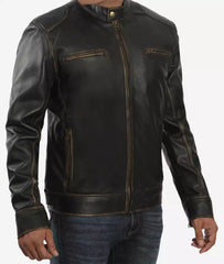 Men's Tall Distressed Brown Leather Jacket in Biker Style