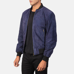 Shane Suede Bomber Jacket In Blue