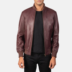 Shane Leather Bomber Jacket In Maroon