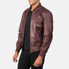 Shane Leather Bomber Jacket In Maroon