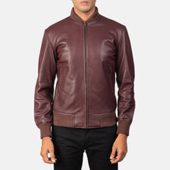 Shane Leather Bomber Jacket In Maroon