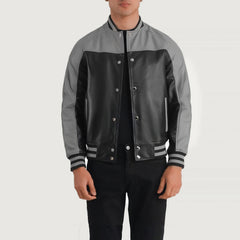 Terrance Leather Varsity Jacket In Black & Grey