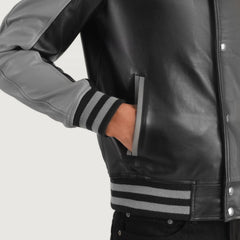 Terrance Leather Varsity Jacket In Black & Grey