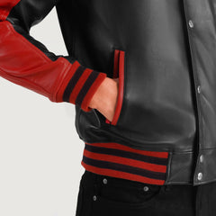 Terrance Leather Varsity Jacket In Black & Red
