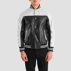 Terrance Leather Varsity Jacket In Black & White
