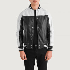 Terrance Leather Varsity Jacket In Black & White