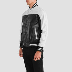 Terrance Leather Varsity Jacket In Black & White