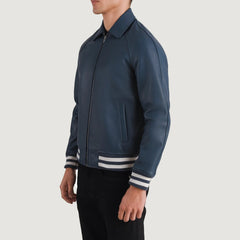 Walton Leather Varsity Jacket In Blue