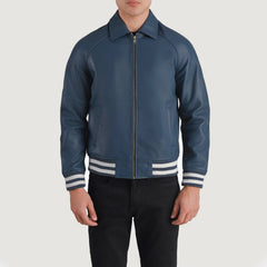 Walton Leather Varsity Jacket In Blue