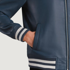 Walton Leather Varsity Jacket In Blue