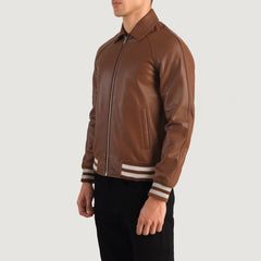 Walton Leather Varsity Jacket In Brown