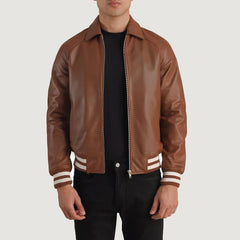 Walton Leather Varsity Jacket In Brown