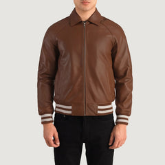 Walton Leather Varsity Jacket In Brown