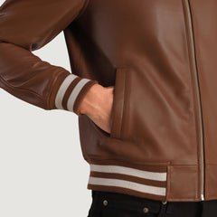Walton Leather Varsity Jacket In Brown