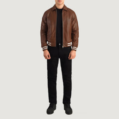 Walton Leather Varsity Jacket In Brown