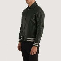 Walton Leather Varsity Jacket In Green