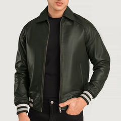 Walton Leather Varsity Jacket In Green