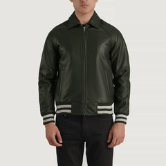 Walton Leather Varsity Jacket In Green