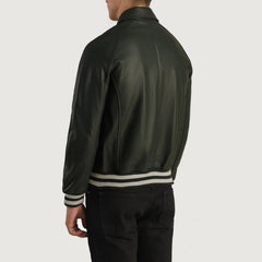 Walton Leather Varsity Jacket In Green
