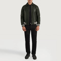 Walton Leather Varsity Jacket In Green