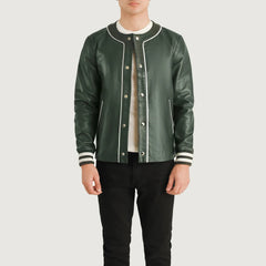 Willis Leather Varsity Jacket In Green