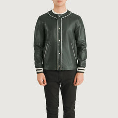 Willis Leather Varsity Jacket In Green