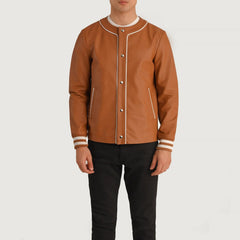 Willis Leather Varsity Jacket In Tan Brown