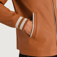 Willis Leather Varsity Jacket In Tan Brown