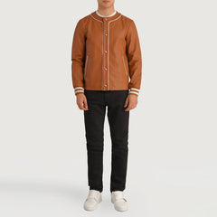 Willis Leather Varsity Jacket In Tan Brown