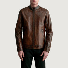 Zen Distressed Leather Biker Jacket In Brown