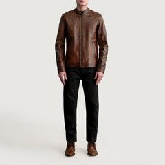 Zen Distressed Leather Biker Jacket In Brown