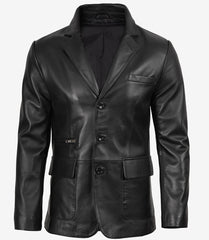 Men's Black Leather Blazer with Three Buttons and Notch Lapel