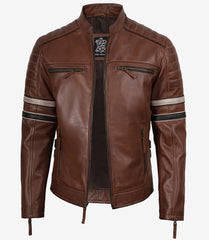 Men's Cognac Leather Biker Style Jacket with Dual Stripe Accents