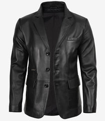 Men's Black Leather Blazer with Three Buttons and Notch Lapel