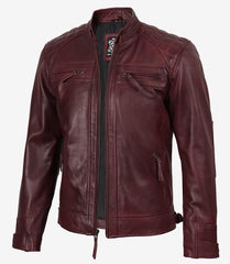 Men's Tall Maroon Leather Biker Jacket with Quilted Shoulders