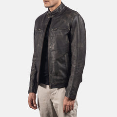 Rustic Leather Biker Jacket In Brown