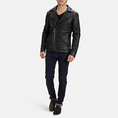 Black Leather Biker Jacket With Stud Details