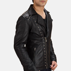 Black Leather Biker Jacket With Stud Details