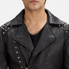 Black Leather Biker Jacket With Stud Details