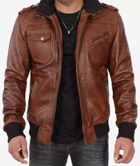 Men's Tall Brown Leather Bomber Jacket with Hood