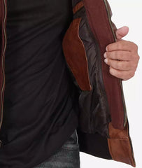 Men's Tall Brown Leather Bomber Jacket with Hood