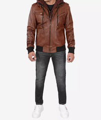 Men's Tall Brown Leather Bomber Jacket with Hood